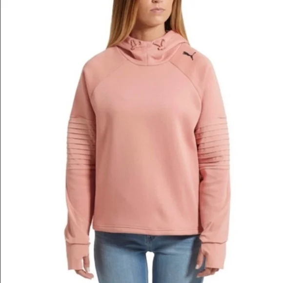 Puma Evostripe Womens Top Pink XL Pullover Hoodie Logo Sweatshirt Pockets - Picture 2 of 9
